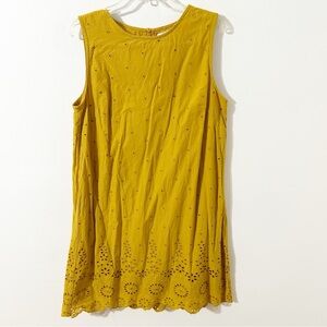 MNG Cotton Mustard Yellow Fully Lined Sleeveless Eyelet Dress Rounded Neckline